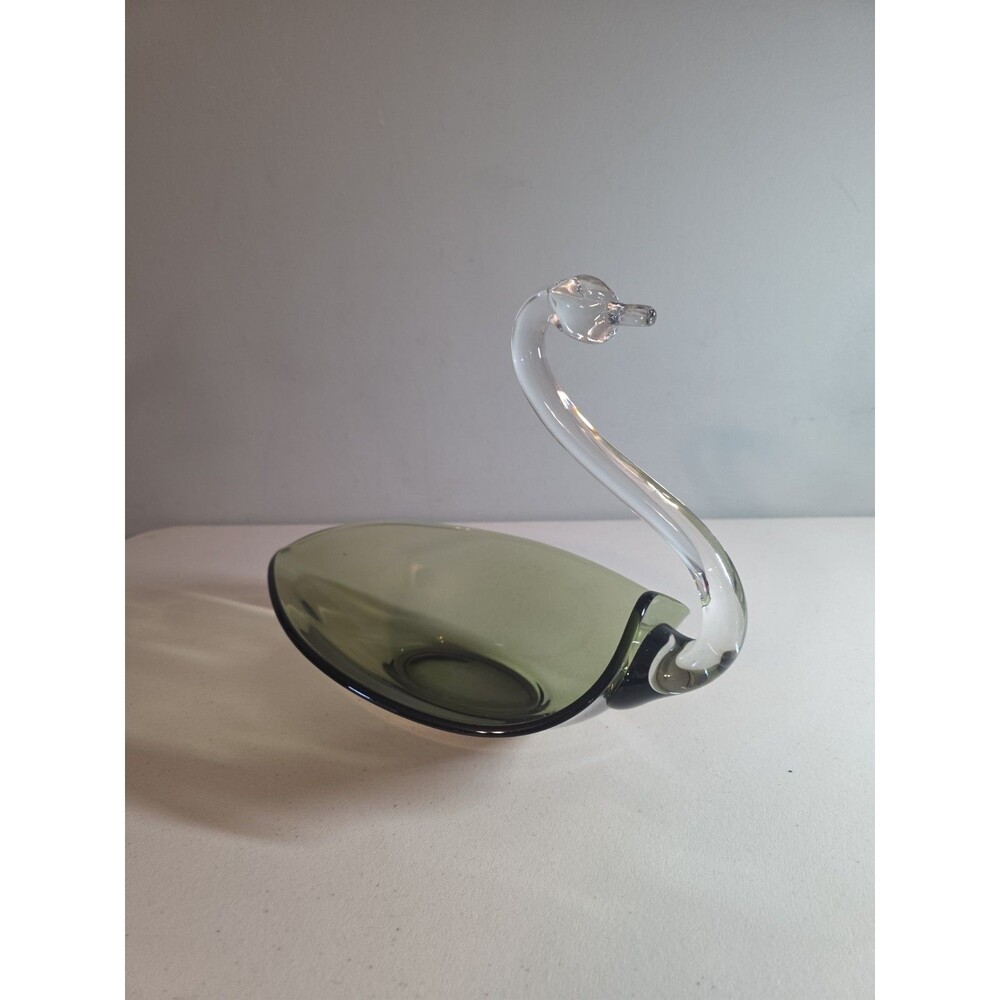 Duncan Miller Pall Mall Swan, Smoky Avacado Bowl, Crystal Neck, 12" long